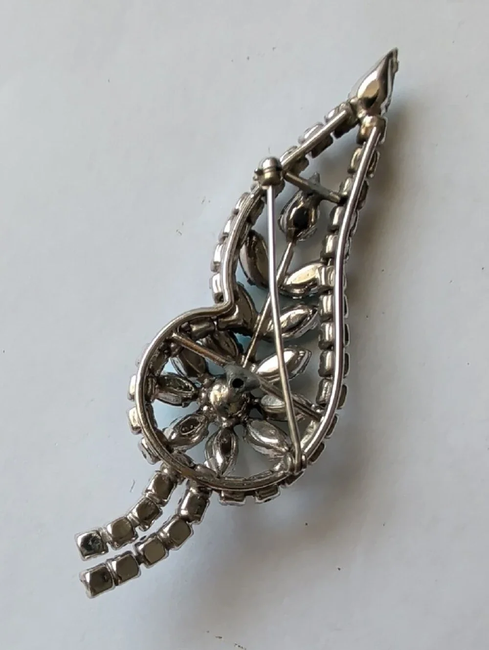 Vintage Blue and Clear Rhinestone Leaf Brooch - Vintage